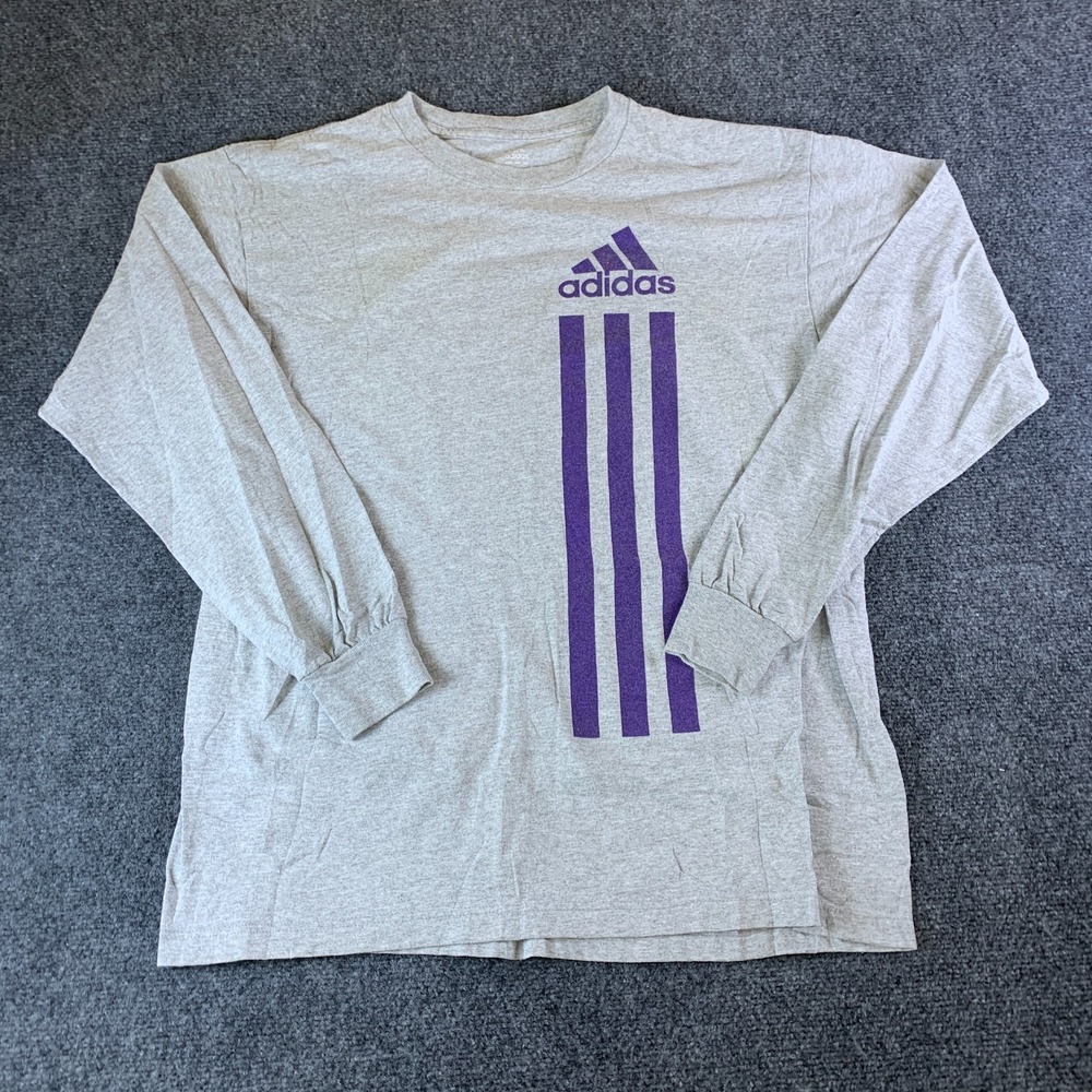 VTG Adidas Shirt Mens Medium Heather Gray Logo 3 Stripes Long Sleeve Crew Neck